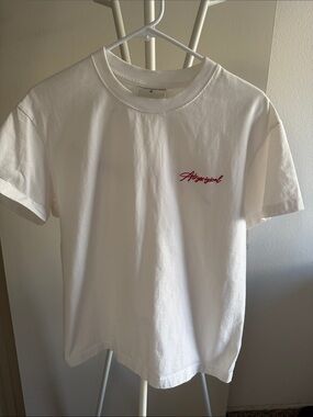 White Short Sleeve Tee with Red Script Logo - Women